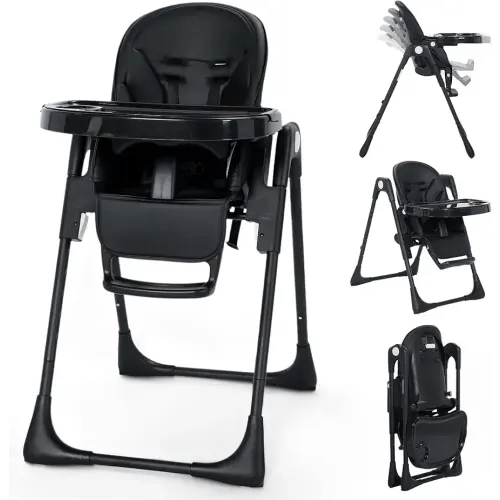 Kinder King Convertible High Chair for Babies & Toddlers, Adjustable Baby Feeding High Chair with Removable Double Tray, Simple Compact Fold for Space-Saving, 2 Built-in Wheels, Easy to Clean, Black