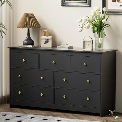 Black 7 Drawer Dresser for Bedroom, 55'' Wide Wood Chest of Drawers with Gold Handles, Modern Large Dressers Organizer for Living Room, TV Stand, Hallway, Entryway