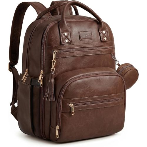 Premium Vegan Leather Diaper Bag Backpack with Waterproof Changing Pad, Reinforced Zippers & Odor-Free,20 Pockets Pro Organizer, Fits 15.6" Laptop, Stroller Straps, Baby Bag for Mom,Dark Brown