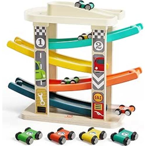 TOP Bright Toddler Wooden Race Track Car Ramp Toys for 1 2 Year Old Baby Motor Skills Race Tracks Car Ramp Vehicle Playsets with 4 Mini Cars and 1 Car Garage