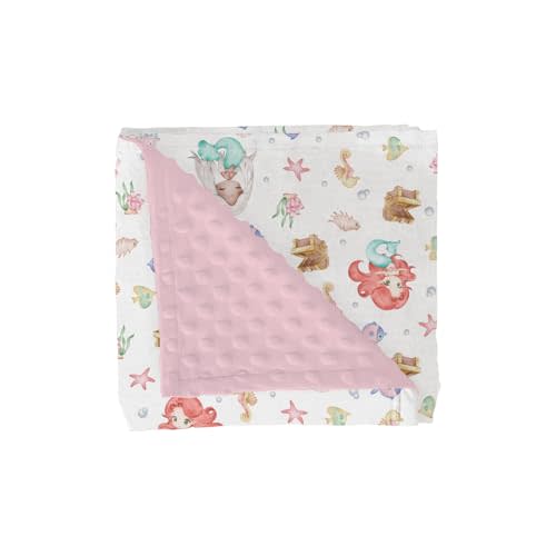 Cute Mermaids Baby Blankets for Girl Boy Mystical Mermaids Fishes Sea Horse Jellyfish Soft Mink Dotted Backing Double Layer Swaddle Blanket for Toddler Nursery Ocean Animals Bed Blanket Crib 30x40