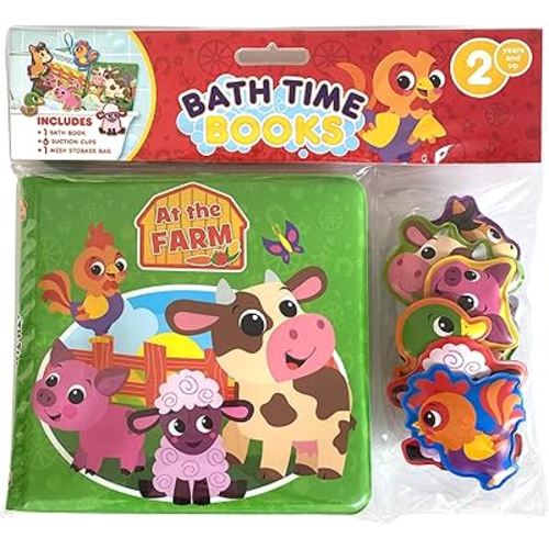 Phidal Farm Bath Time Books - Activity Books for kids, Bath book, 6 Padded suction cups, 1 Mesh bag