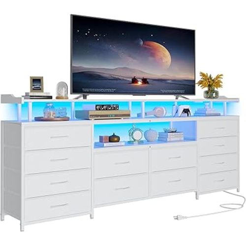 HAUOMS TV Stand Dresser for 65 Inch TV, 63" W Dresser with LED Lights & Charging Station, White Long Dresser with 12 Fabric Drawers, Entertainment Center with Shelves,for Living Room