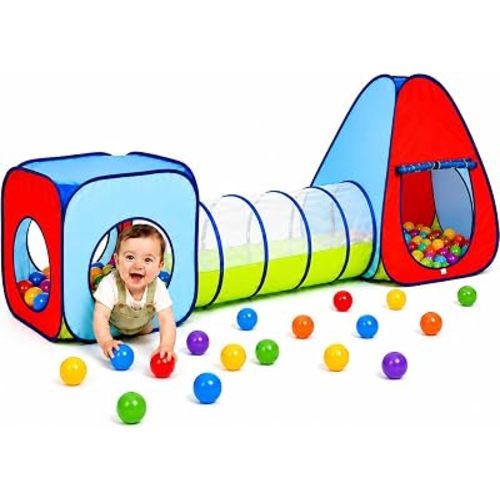 Kiddey Tunnel and Ball Pit Play Tent | 3pc Pop Up Toddler Gym Tunnels with Tents for Kids, Toddlers, Infants Boys & Girls | Indoor & Outdoor Gift Game | Baby Crawling Pits for Playground