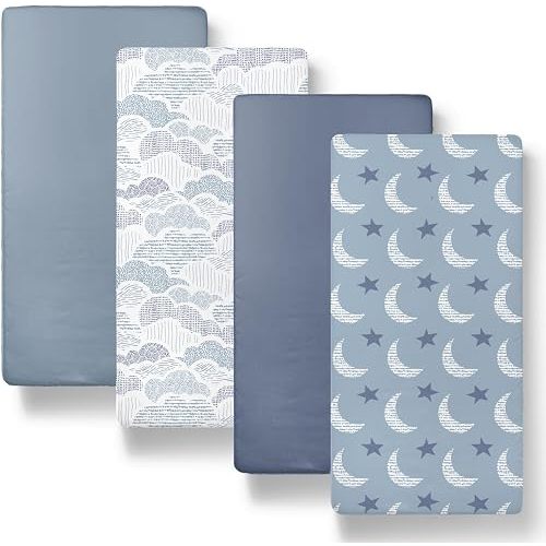 The Peanutshell Soft Cloud Baby Bassinet Sheets Boy Girl 4pk - Fitted Bassinet Sheets Rectangle, Sky Blue Nursery Decor, Fits 33” x 19.5” Bassinets