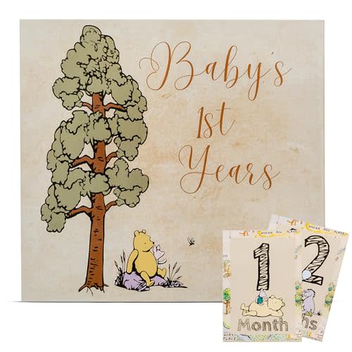 Baby Book Keepsake Memory Book (9.5”x8.5”), Hardcover Album w/Enclosed Spiral Binding, Baby Photo Albums w/Winnie the Pooh Graphics & Milestone Cards, Scrapbook Album