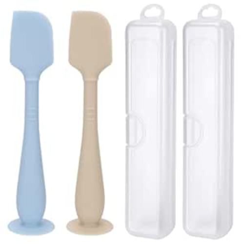 2 Pack Diaper Cream Spatula with Hygienic Travel Case, Butt Spatula Baby with Suction Base, Baby Butt Paste Spatula, Soft Silicone Diaper Rash Cream Applicator Large Size (Blue & Offwhite)