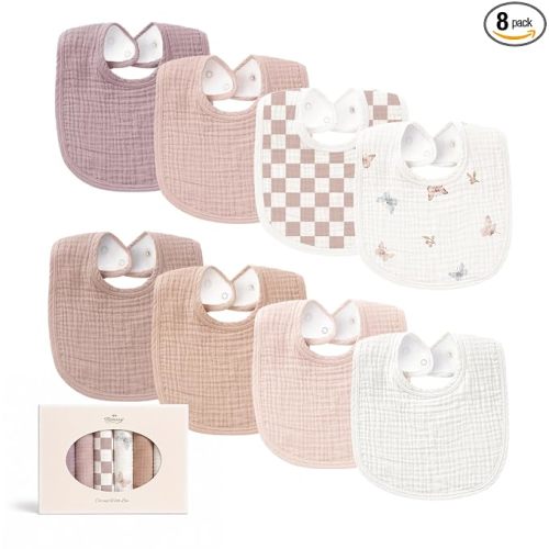 Konssy 8-Pack Muslin Baby Bibs, Adjustable Fit for Drooling and Teething
