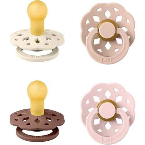 BIBS Boheme Round Nipple Pacifier Set for 0–6 Months | BPA-Free Natural Rubber Latex Soothers | Infant Comfort Teats | 4-Pack | Made in Denmark | Blush Mix