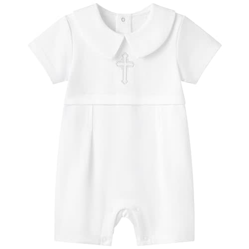pureborn Baby Boy Baptism Outfit Cotton Romper 0-24 Months | OEKO-TEX Certified, Cross, Embroidery-ready Area, Peter Pan Collar, 100% Cotton, Christening Romper, Snap