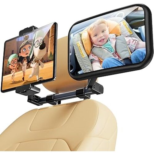 Baby Car Mirror, 2 in 1 Car Mirror for Baby with Tablet Holder for Headrest, Safety Original Clarity for iPad Holder Mount, New Born Essentials, Crash Tested & Certified
