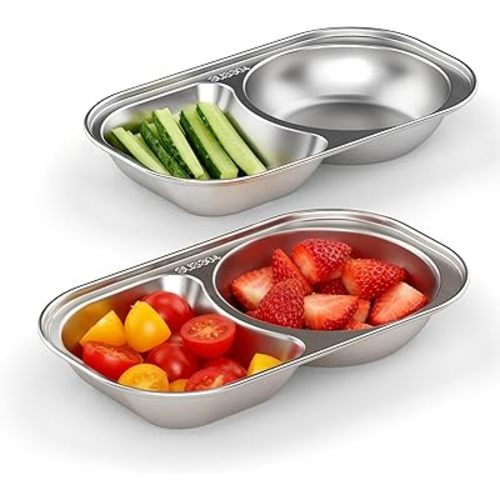 Bakpoco 2PCS Stainless Steel Toddler Plates with 2 Dividers, Kids Plates for Snack Portion Control, Small Divided Plate for Baby Feeding & Adults Camping, Non-toxic Dishwasher Safe Metal Dish