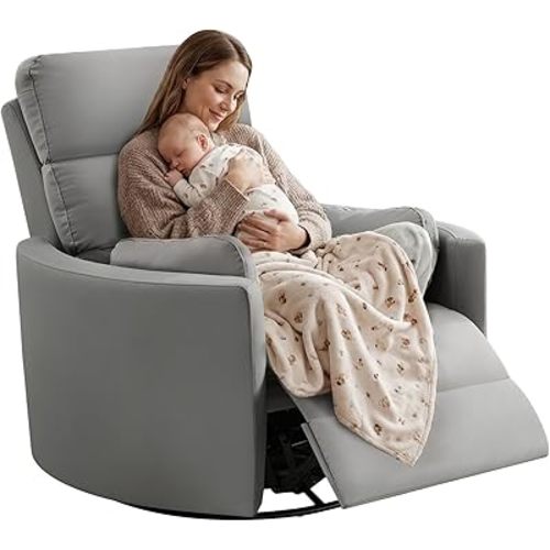 SUNWAVE 40" Oversized Power Nursery Rocking Recliner Barrel Chair, Swivel Nursing Chair with Electric Headrest & Anti-Pinch, Lay-Flat OU Leather Rocking Chair Nursery with USB/Type-C
