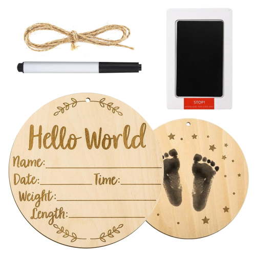Baby Announcement Sign, 5.9 Inch Round Birth Nursery Name Signs with Ink Pad for Baby Hand and Footprints Wooden Hello World Newborn Sign for Photo Prop