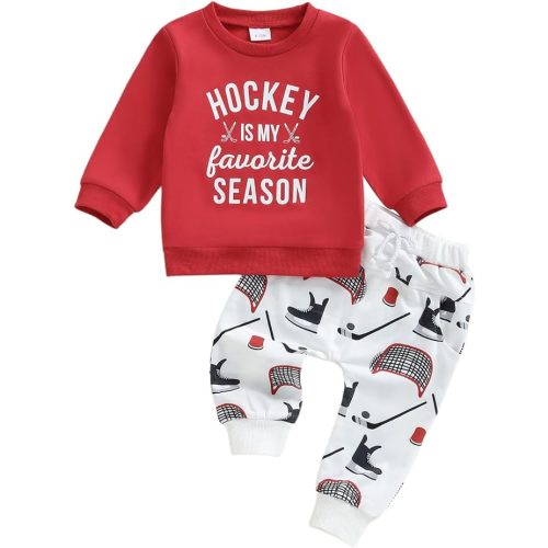 Toddler Baby Boy Hockey Outfit Letter Print Long Sleeve Sweatshirt Ice Hockey Pants Set Infant Fall Winter Clothes