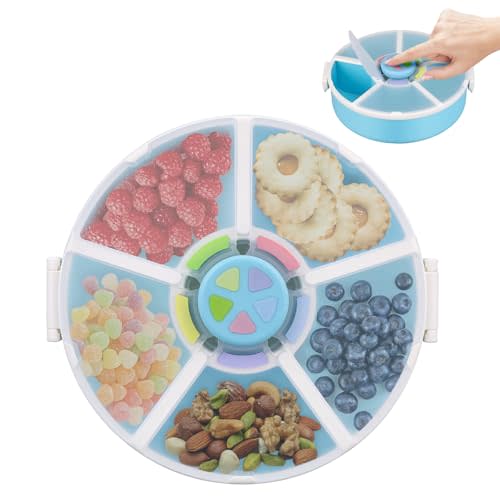 Pawtong Snack Rotator Container Reusable Snack Box with 5 Compartment Dispenser and Lid, Color Matching Opening Lid, BPA and PVC Free, for Home, School, Travel (1 Pack- Blue)