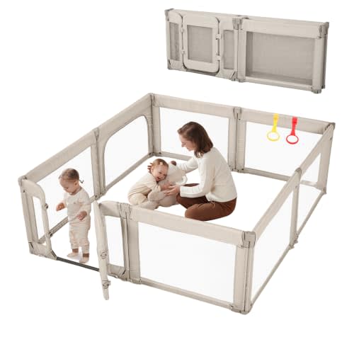 Large Baby Playpen for Babies and Toddlers 79x71 Inch, Adjustable Foldable Indoor & Outdoor Play Pen for Toddlers Twins Baby Fence Play Yards with Breathable Mesh Anti-Fall Playpen,Khaki