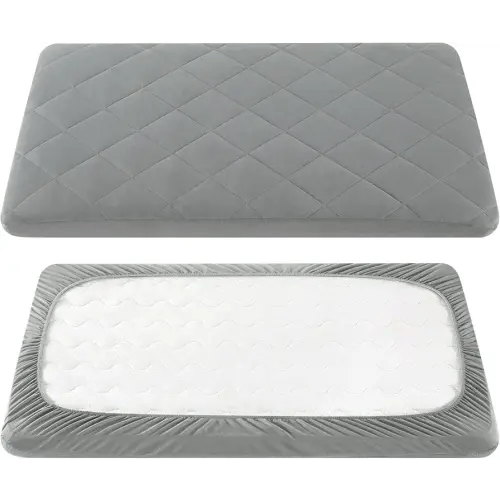 TILLYOU Pack and Play Sheet - Soft Quilted Crib Cover Pad, Toddlers Mattress Protector with 1''-3'' Deep Pocket, Thick Play Yard Playpen Sheets, Breathable Fluffy Crib Mattress Pad, 39"x27", Grey