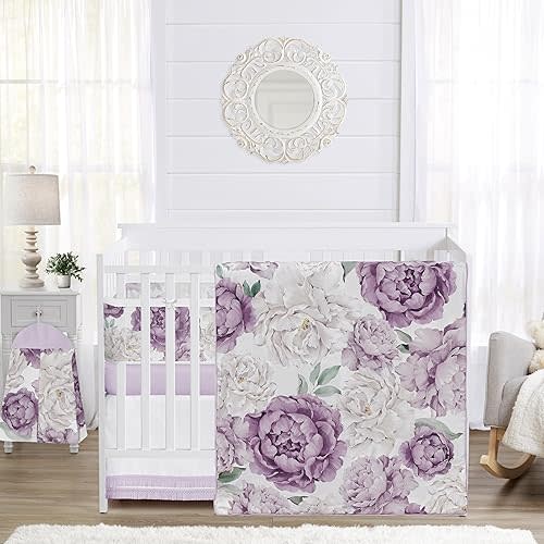 Sweet Jojo Designs Lavender Purple Boho Shabby Chic Floral Girl Baby Crib Bedding Set Infant Nursery Room BreathableBaby Breathable Mesh Crib Liner Blanket Fitted Sheet 6pc Bohemian Vintage Watercolor
