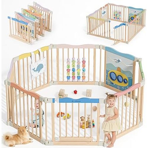 Foldable Wooden Playpen - Adjustable Wood Baby Play Yard with Child-Proof Lock, Indoor Large Safety Fence for Babies and Toddlers - Easy Assembly, 55 x 55 x 24 inches, Colorful Ocean Adventure