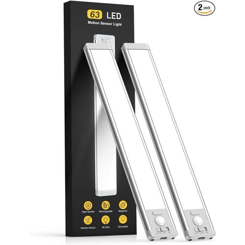 Under Cabinet Lighting, 14.7" Rechargeable Motion Sensor Light Indoor, 2 Pack Magnetic Dimmable Closet Lights, Wireless Under Counter Lights for Kitchen, Stairs,Hallway