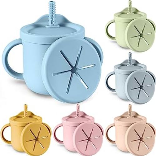 Mumufy 6 Pack Baby Straw Cups and Snack Container 2 in 1 Silicone Baby Straw Cup Toddlers Sippy Cup and Baby Snack Cups with Handle Baby Training Cup Spill Proof, 6 Colors