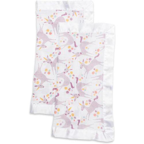 lulujo Baby Security Lovey Blankets| Unisex Softest Breathable Cotton Muslin Security Blanket with Silky Satin Trim| Neutral Comforting Blanket for Girls & Boys | 16in by 16 in| Unicorn
