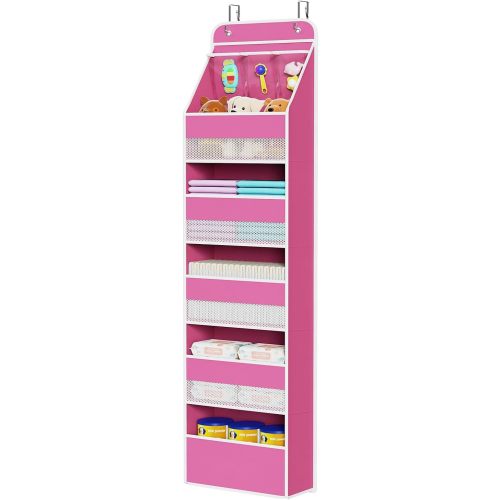 Univivi 6-Shelf Over Door Hanging Organizer Fabric Baby Door Storage with 5 Large Pockets and 3 Small PVC Pockets Wall Mount Hanging Storage Organizers for Baby Essential (Pink)