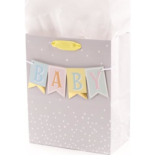 Hallmark 9" Medium Baby Gift Bag with Tissue Paper (Banner on Grey)