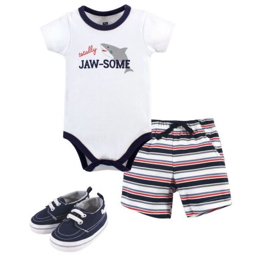 Hudson Baby Infant Boy Cotton Bodysuit, Shorts and Shoe 3pc Set, Jawsome, 0-3 Months