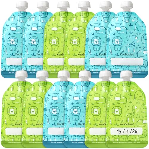 12-Pack Reusable Baby Food Pouches Refillable, 5oz, BPA-Free (Little Zoo) | Dishwasher-safe, Freezer-safe Reusable Pouches for Toddlers, Kids Squeezable Yogurt, Apple Sauce, Baby Fruit Puree Container