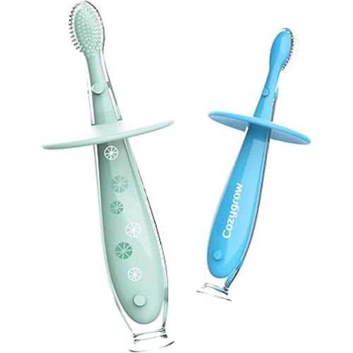 Baby Toothbrush with Suction Base - Gentle Cleaning for Toddler's Self-Brushing Training, Food-Grade Silicone, Extra Soft/Tough Bristles, BPA/Phthalate Free, Anti-chocking/Anti-Fall Design-2 Pack