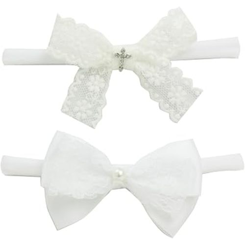 White Baby Girl Baptism Headband with Cross