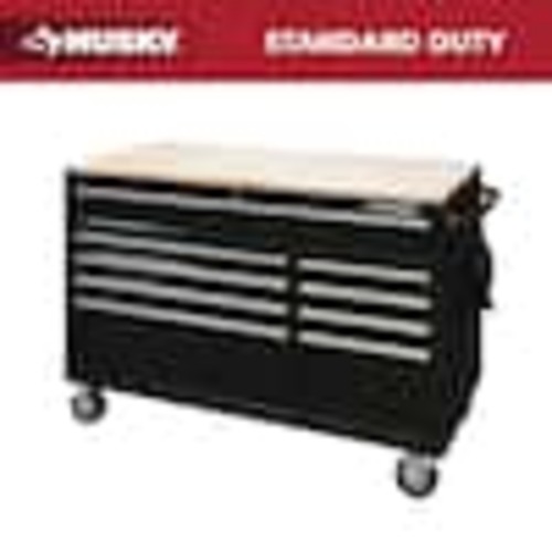 Husky 52 in. W x 25 in. D Standard Duty 9-Drawer Mobile Workbench Tool Chest with Solid Wood Top in Gloss Black HOTC5209B12M