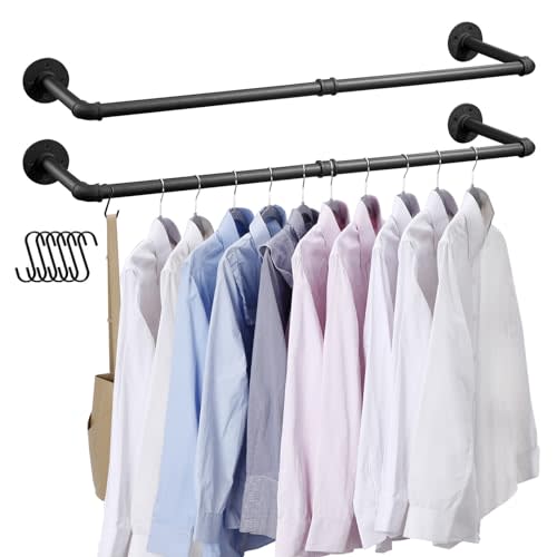 BOSHANGJIA Industrial Pipe Clothes Rack Wall Mounted Clothing Rack Set of 2,38.2 Inches Heavy Duty Iron Garment Rail,Space-Saving Hanging Rod for Laundry Room,Bedroom,Closet Storage