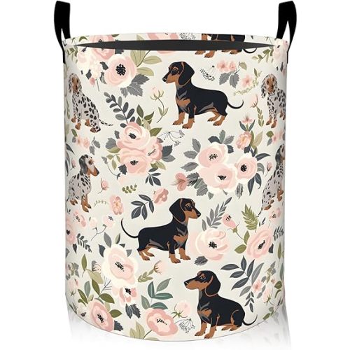 Floral Dachshund Dog Laundry Basket, Oxford Cloth Playful Dirty Clothes Collapsible Hamper for Room Decor, Flower and Puppy Print Gifts Toy Organizer 19.7 * 15.8 Inch for Bedroom Bathroom Dorm