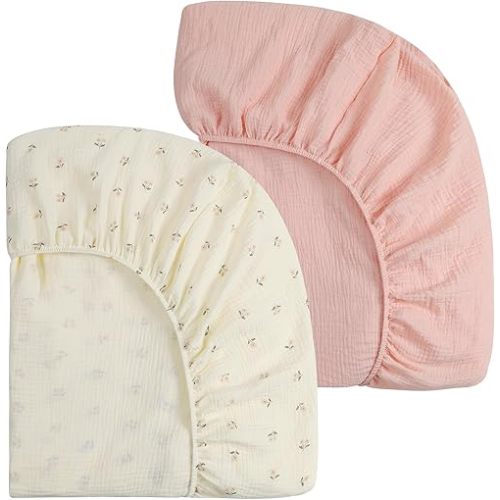 Onacosht Muslin Mini Crib Sheets, 39" x 27" Pack and Play Mattress Sheets Fitted for Pack N Play, Soft Cotton for Boys Girls, 2 Pack, Pink Floral
