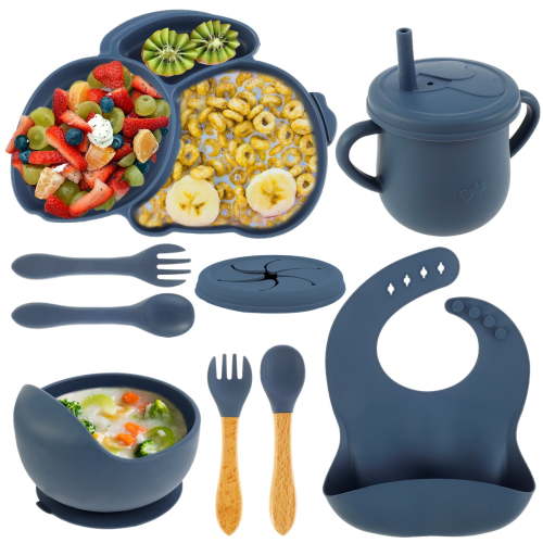 9 Pcs Baby Feeding Set Silicone Baby Plate and Bowl Set with Suction Cup BPA-Free Baby Tableware Set Baby Led Weaning Supplies Washable Microwave