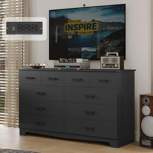 10 Drawers Dresser for Bedroom with Charging Station, Modern Long Chest of Drawers Storage Organizer, 55.1'' Wide Black Dresser TV Stand for Living Room