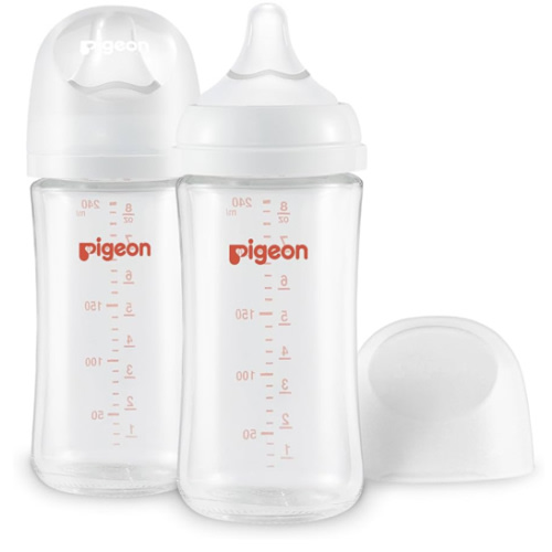 Pigeon Glass Nursing Bottle Wide Neck, Anti-Colic, Streamlined Body, Natural Feel, Easy to Clean, Heat-Resistant, 8.1 Oz(Pack of 2), Includes 2pcs M Nipples (3m+)