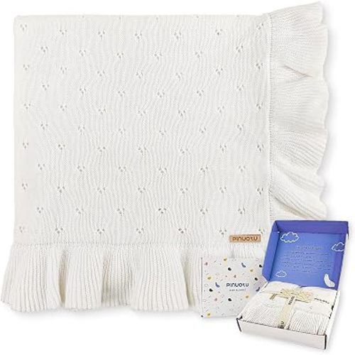 Ruffle Cotton Knitted Baby Blanket, White, Soft Pointelle, 40 x 31 in