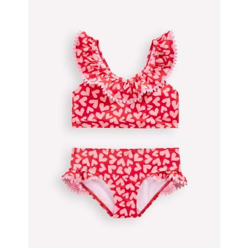 Frill V-neck Bikini Set-Rockabilly Red Collage Hearts