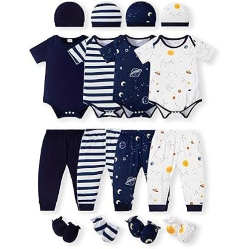 NZRVAWS Newborn Baby Boy Girl Clothes Unisex Infant Romper Pants Set Hat 4-Pack Outfits 0-12 Months 16 Pieces Toddler