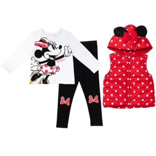 Disney Minnie Mouse Zip Up Vest Puffer T-Shirt and Leggings 3 Piece Outfit Set Infant to Big Kid