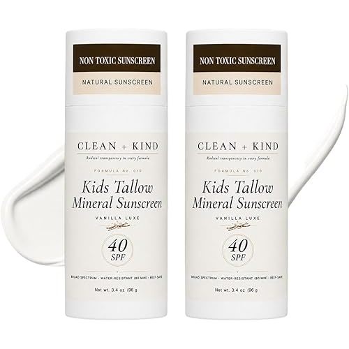 Kids Sunscreen Mineral SPF 40 Twin Pack — Non Toxic Baby & Toddler Sunblock Bundle with Non-Nano Zinc Oxide, Grass-Fed Tallow, Natural Reef-Safe Sun Lotion, No White Cast (Two 3.4 oz)