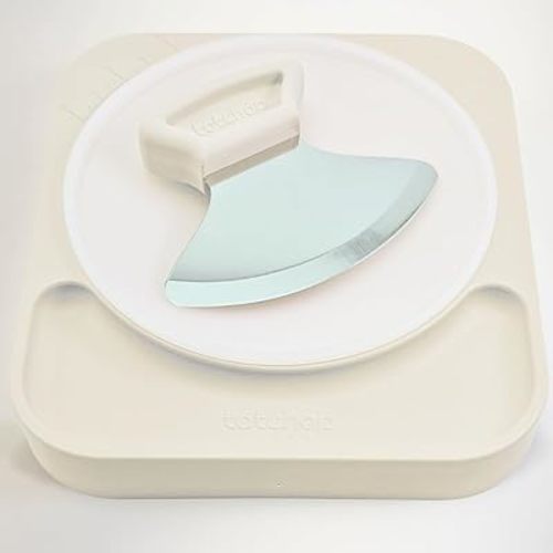 Parent Set, Sharp Rocker Knife and Concave Board for Fast Meal Prep, One-Handed, Dishwasher-Safe, Microplastic-Free Insert, Multiple Colors, for Adults and Children 12+ (Coconut Cream)