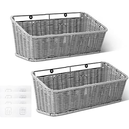 GRANNY SAYS Wicker Hanging Basket, 2 Pack Storage Baskets for Cabinet, Wall Mount Fruit Basket for Kitchen, Adhesive Bathroom Cabinet Organizer, Pantry Organizers and Storage, Gray