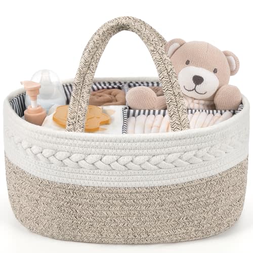 Maliton Extra Large Baby Diaper Caddy Organizer, Cotton Rope Nursery Basket, Portable Diaper Organizer for changing table, Car, Diaper Storage Organizer for Baby Stuff, Baby Shower Gifts for Newborn