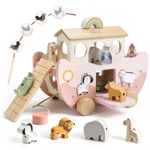 Joyreal Pink Wooden Noah's Ark Toy for 1 Year Old Baby Girl Baptism Gifts | Montessori Educational Toy, Animal Shape Sorter, Christian Toys for Toddler Boy 1-3 Years Old, Christmas Birthday Gift