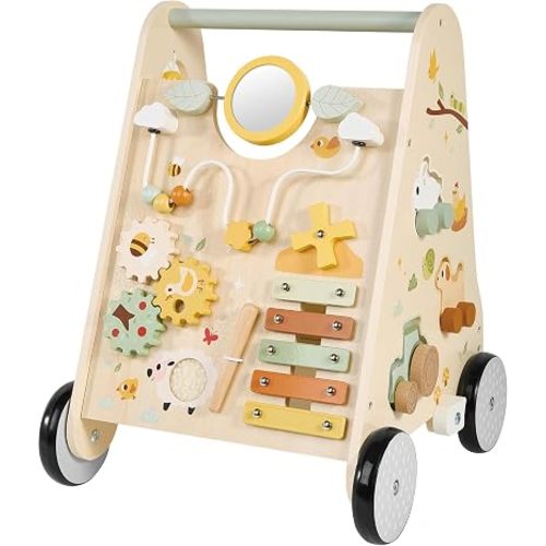 Pithfor Wooden Baby Push Walker, Baby Walker with Activity Center for Girls Boys, Montessori Sensory Push Toys for Babies Learning to Walk & Sit-to-Stand